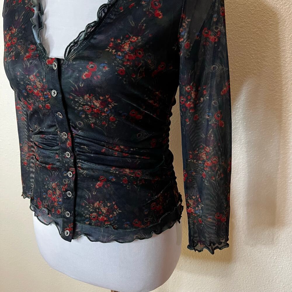 Natural Life dark floral mesh button front cropped blouse NEW SMALL - Picture 2 of 6